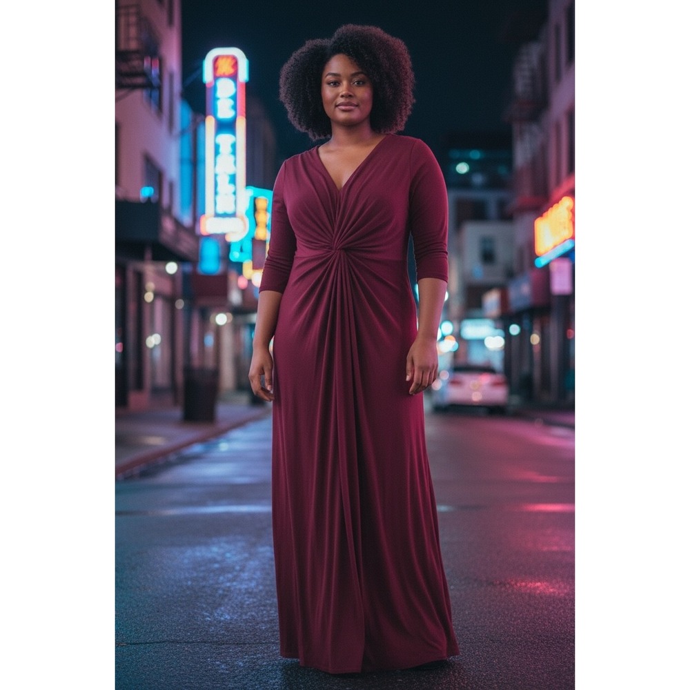Koh Koh Burgundy Twist Front Maxi Dress 3/4 Sleeve Elegant Formal Gown Women's L